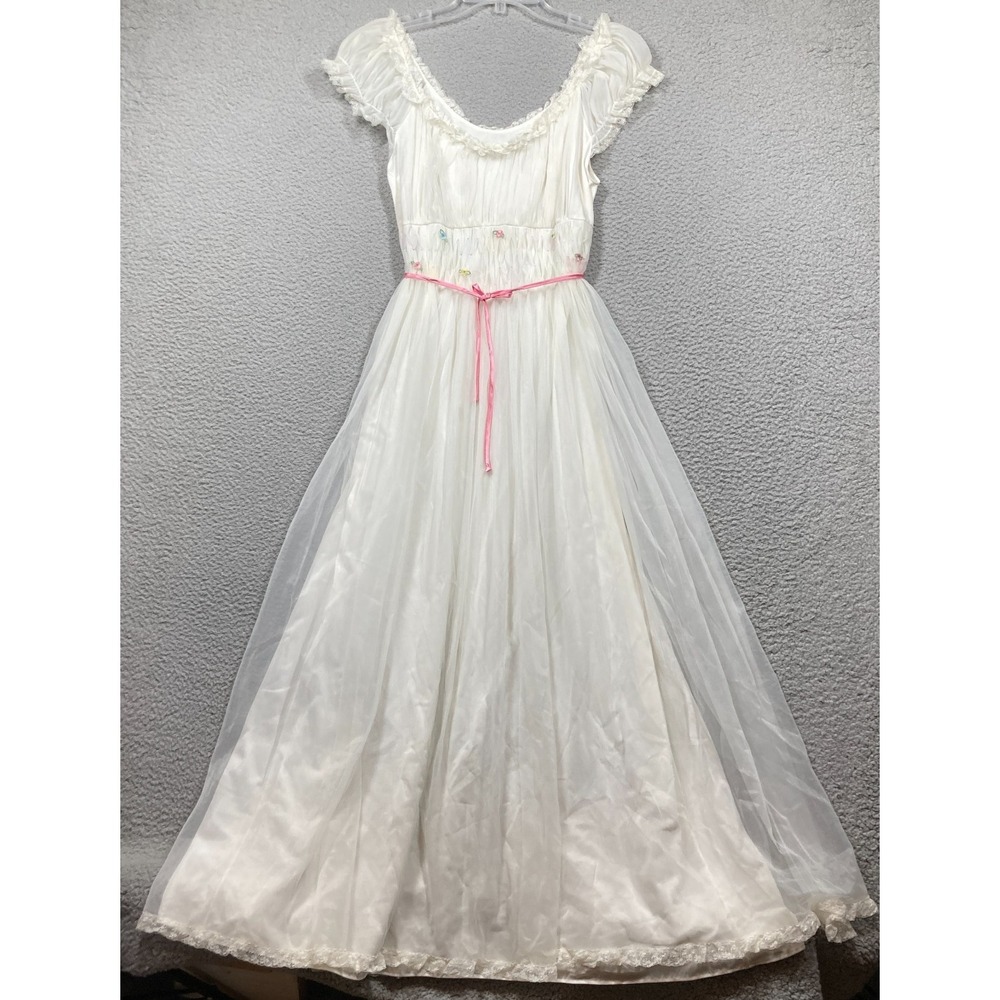 Vintage Gotham Gold Stripe Nightgown Womens 34 White Small Babydoll Floral Dress